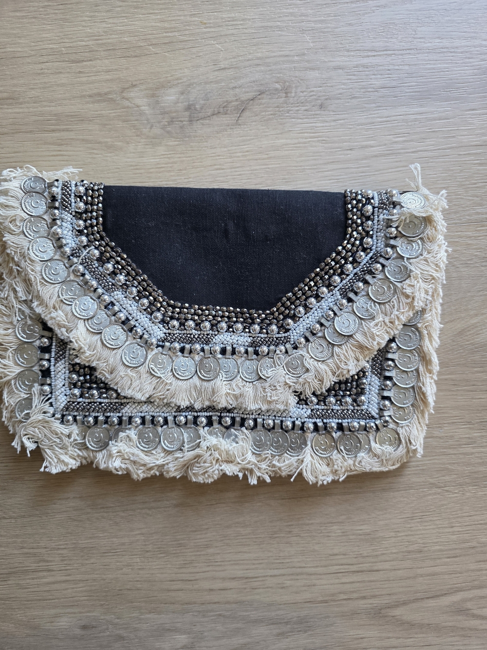 Sassy Jones Black & Cream Coin Fringe Clutch